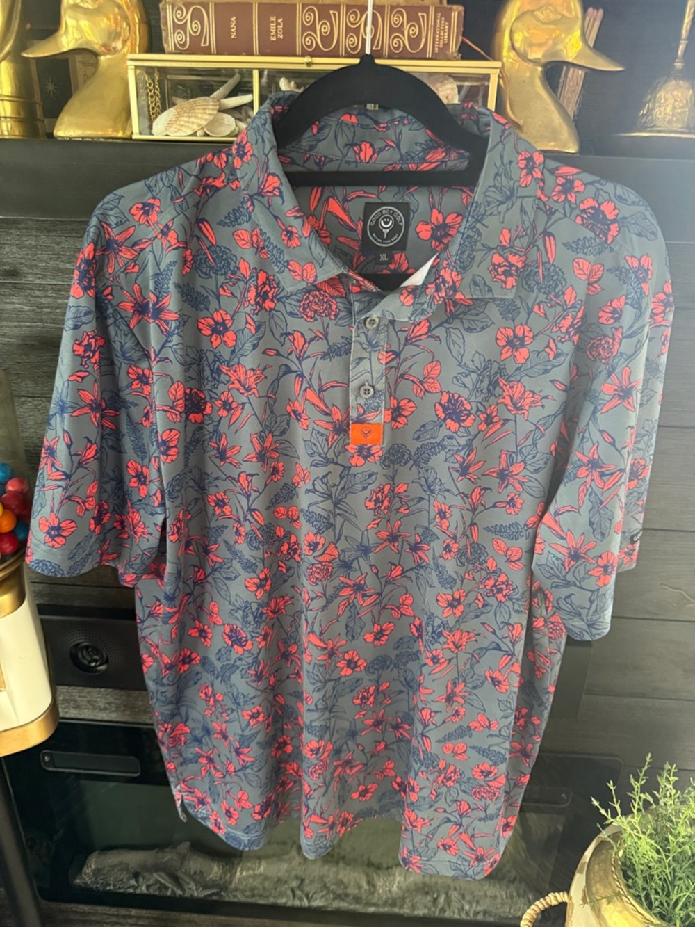 Good Boy Golf Floral Print Men's Polo Shirt - Gray with Pink Flowers